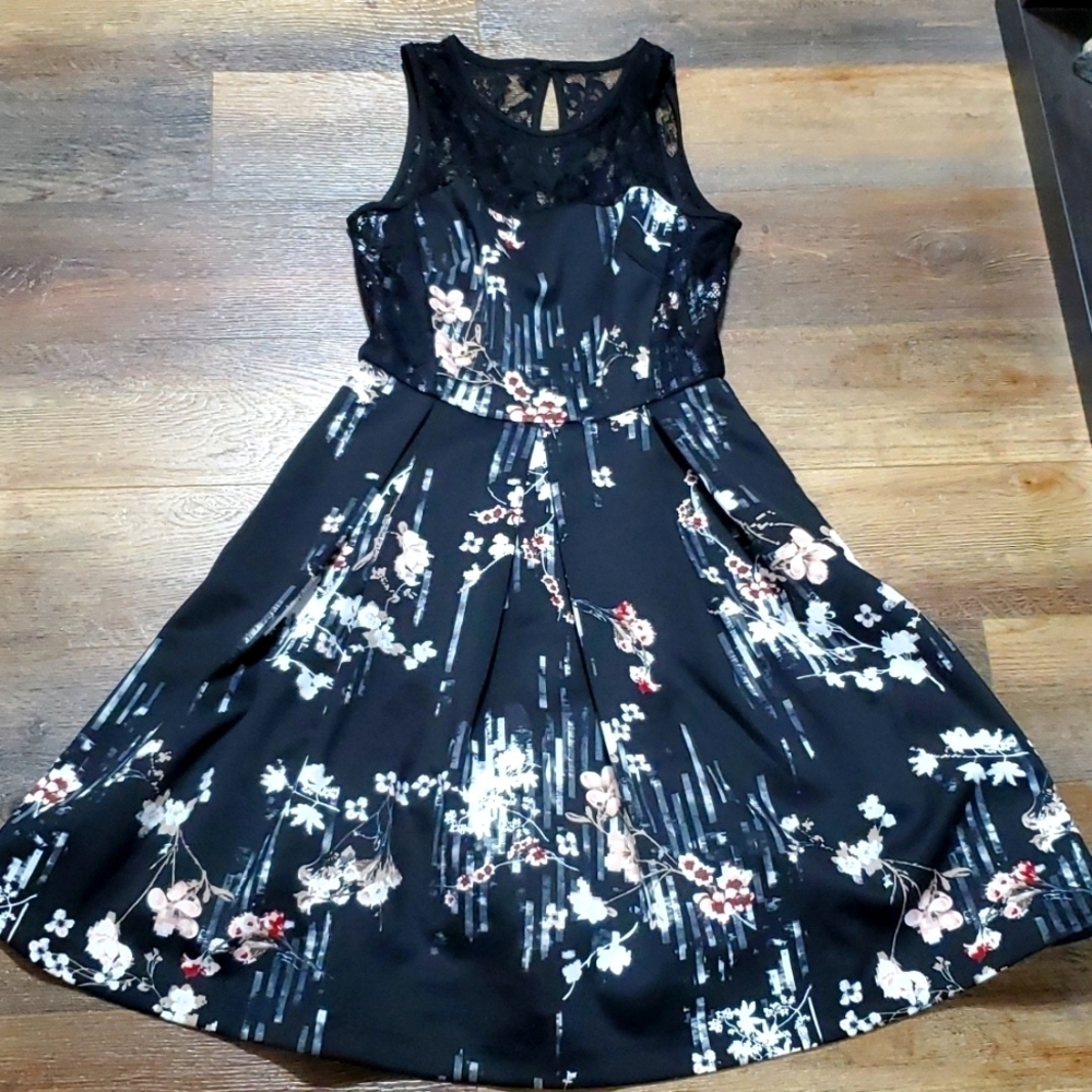 Whbm floral pink silver on black sleeveless lace top skater circle dress